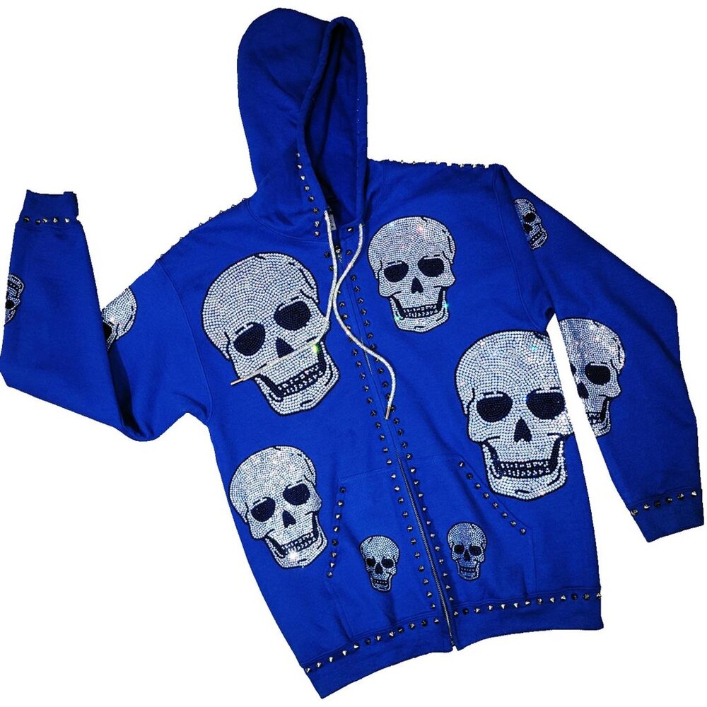 Yokina Skull Embellished Unisex Royal Blue Hoodie
